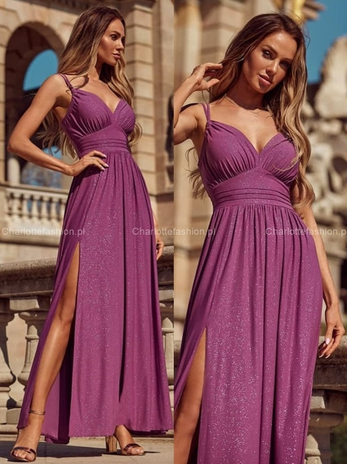 Sukienka długa liliowa na ramiączkach z brokatem Arabela A1403