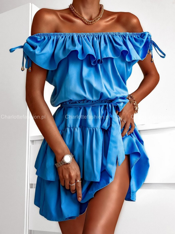 Sukienka hiszpanka niebieska z odkrytymi ramionami i paskiem Lara A1150