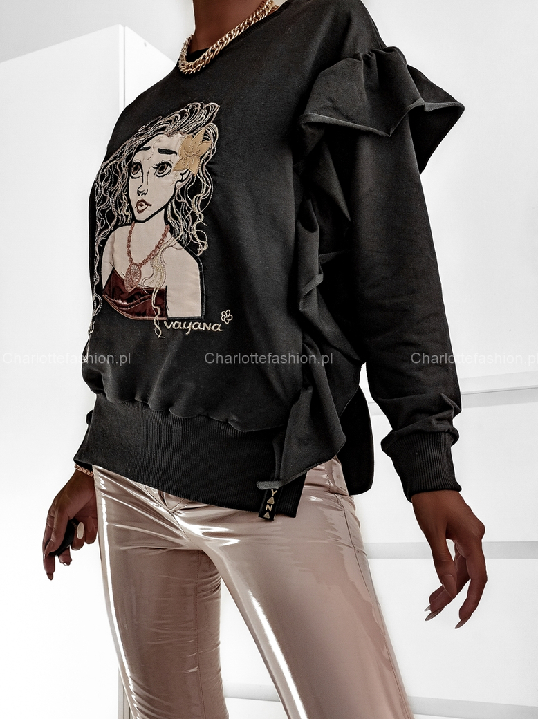 Bluza dresowa czarna z falbanką Pretty Girl C402