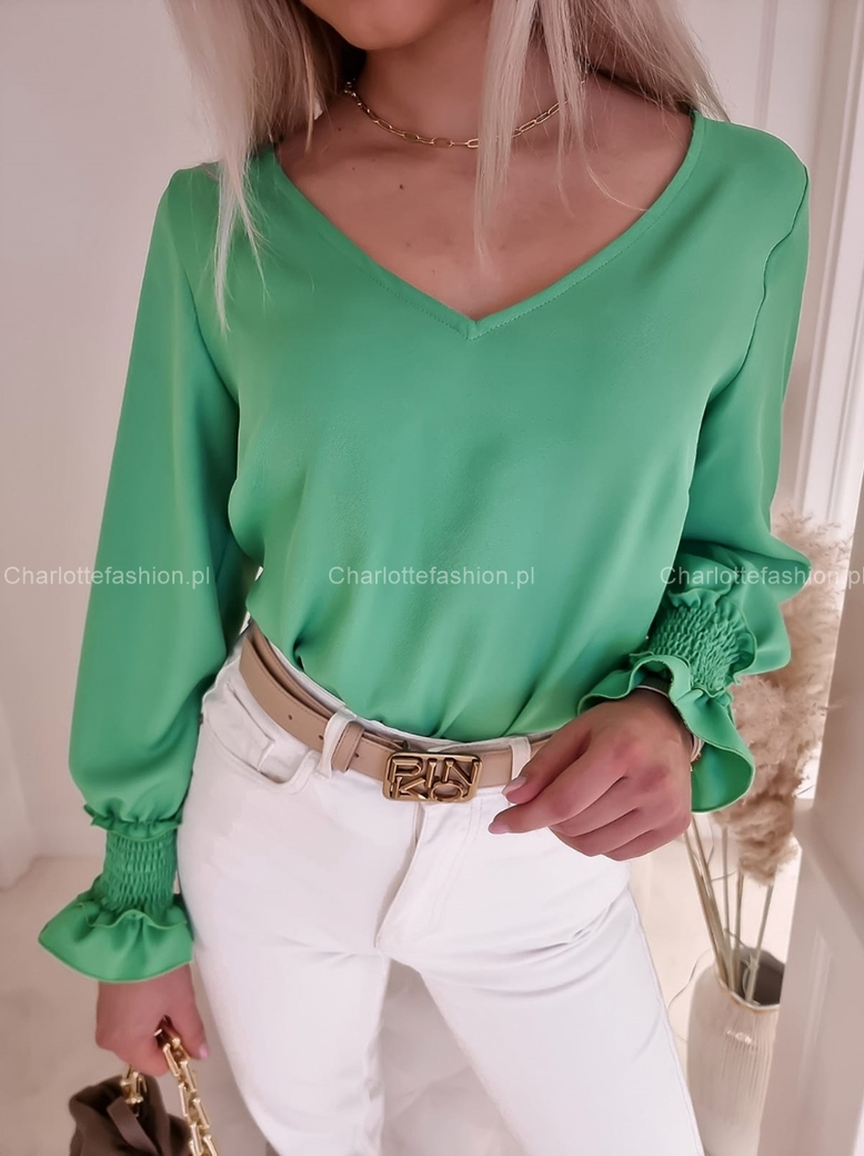 Bluzka zielona ze ściągaczem i falbanką na rękawach Violetta C445