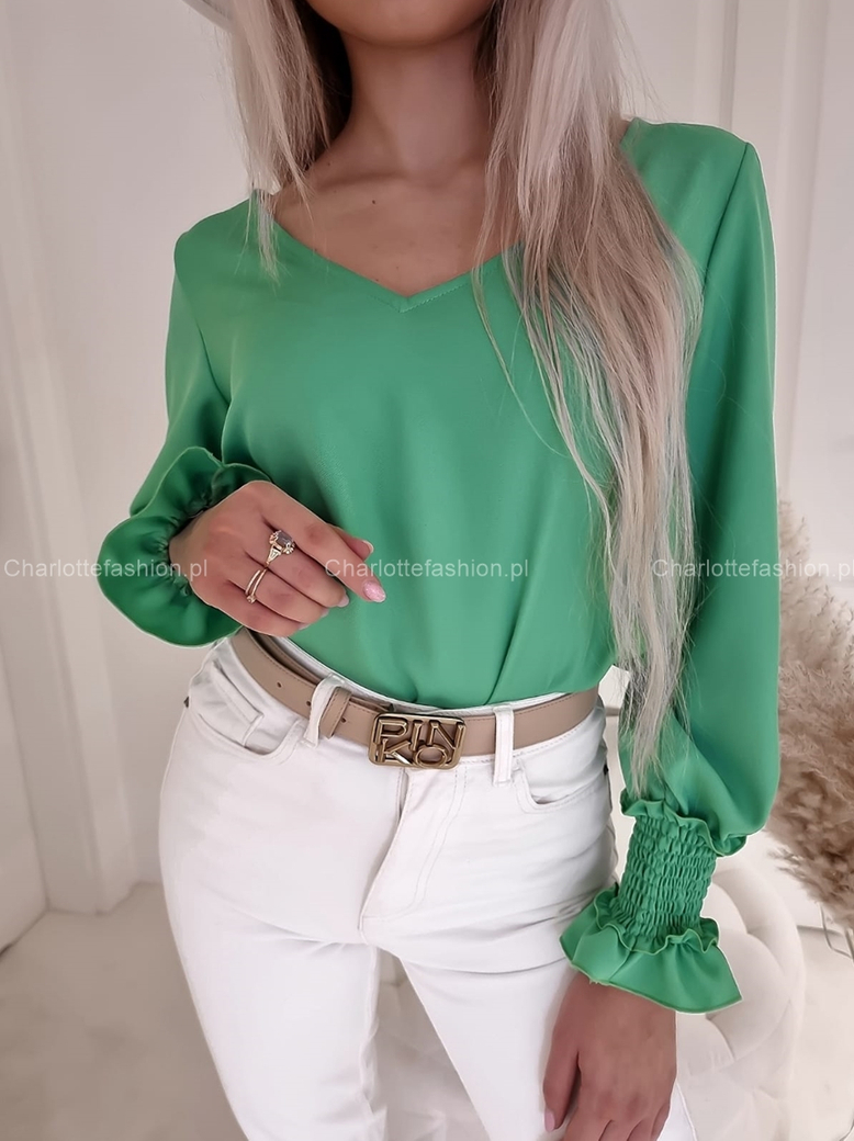 Bluzka zielona ze ściągaczem i falbanką na rękawach Violetta C445
