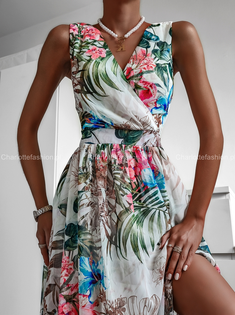Długa suknia na ramiączkach z rozcięciem wzór tropical A1057