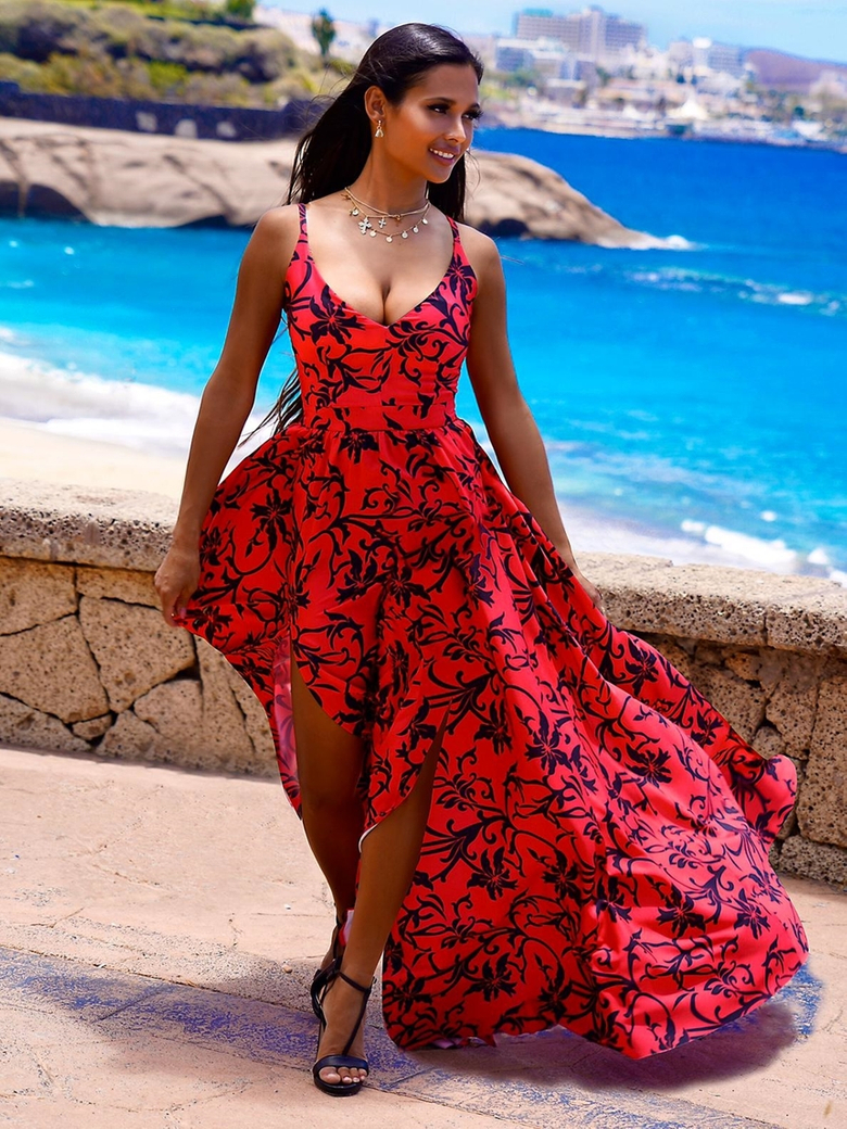 Długa suknia z podwójnym rozcięciem czerwona z czarnym wzorem A1222