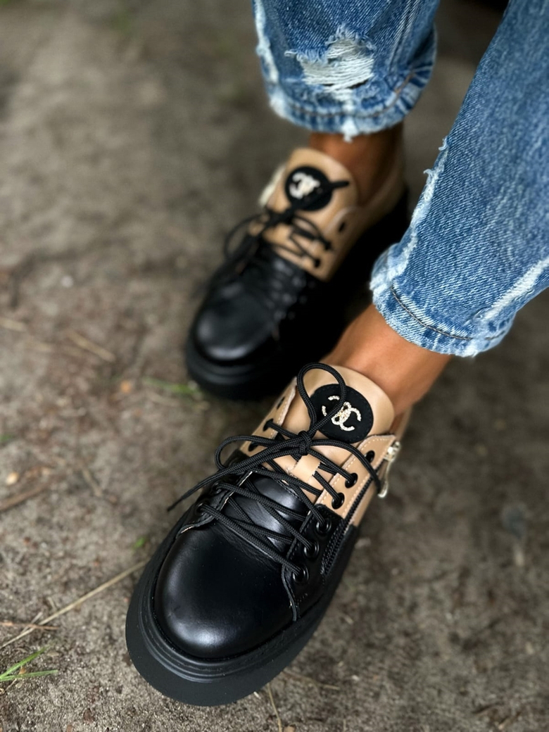 Sneakersy skórzane czarno beżowe Zip I594