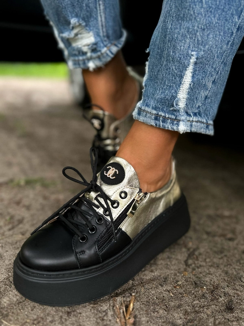Sneakersy skórzane czarno złote Zip I595