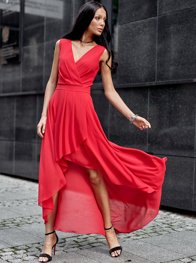 Sukienka asymetryczna z trenem czerwona A1167
