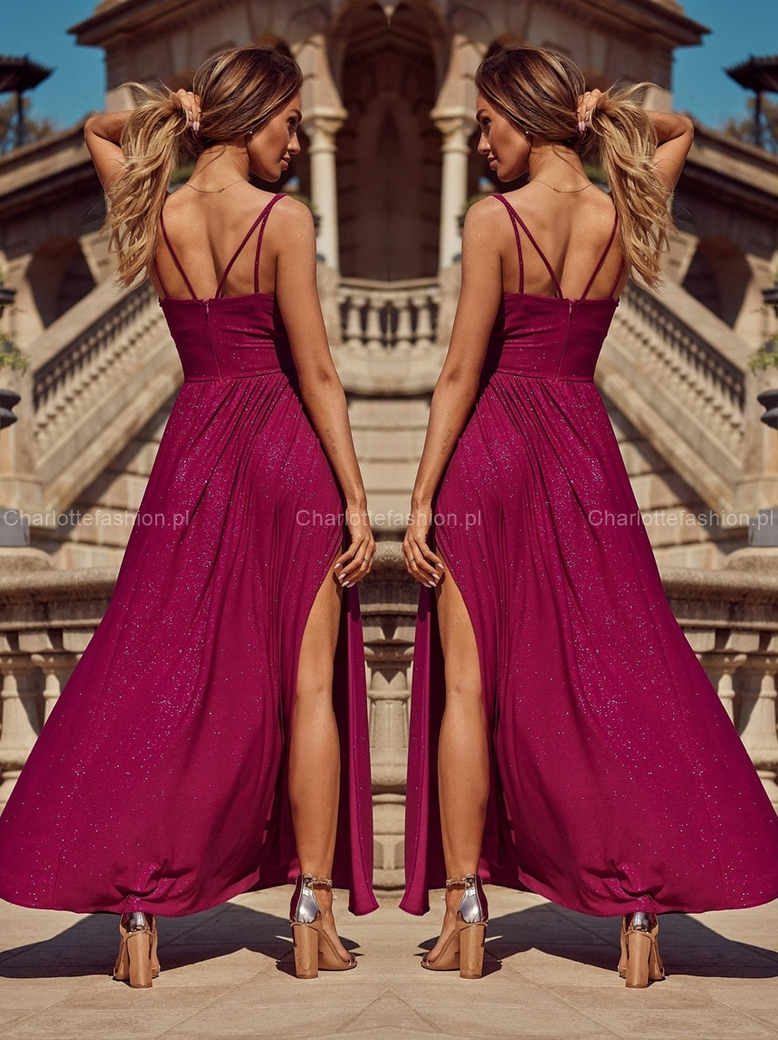 Sukienka długa amarantowa na ramiączkach brokatowa Arabela A1469