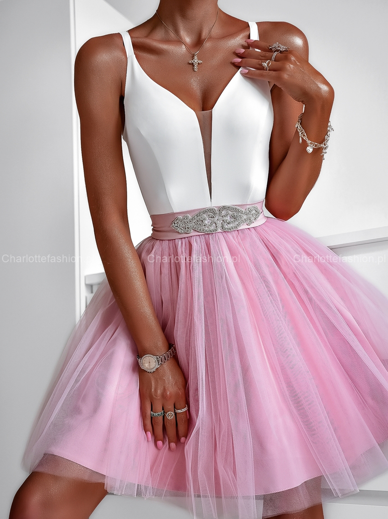Sukienka ecru pudrowo różowa z ozdobnym paskiem Meg A1410