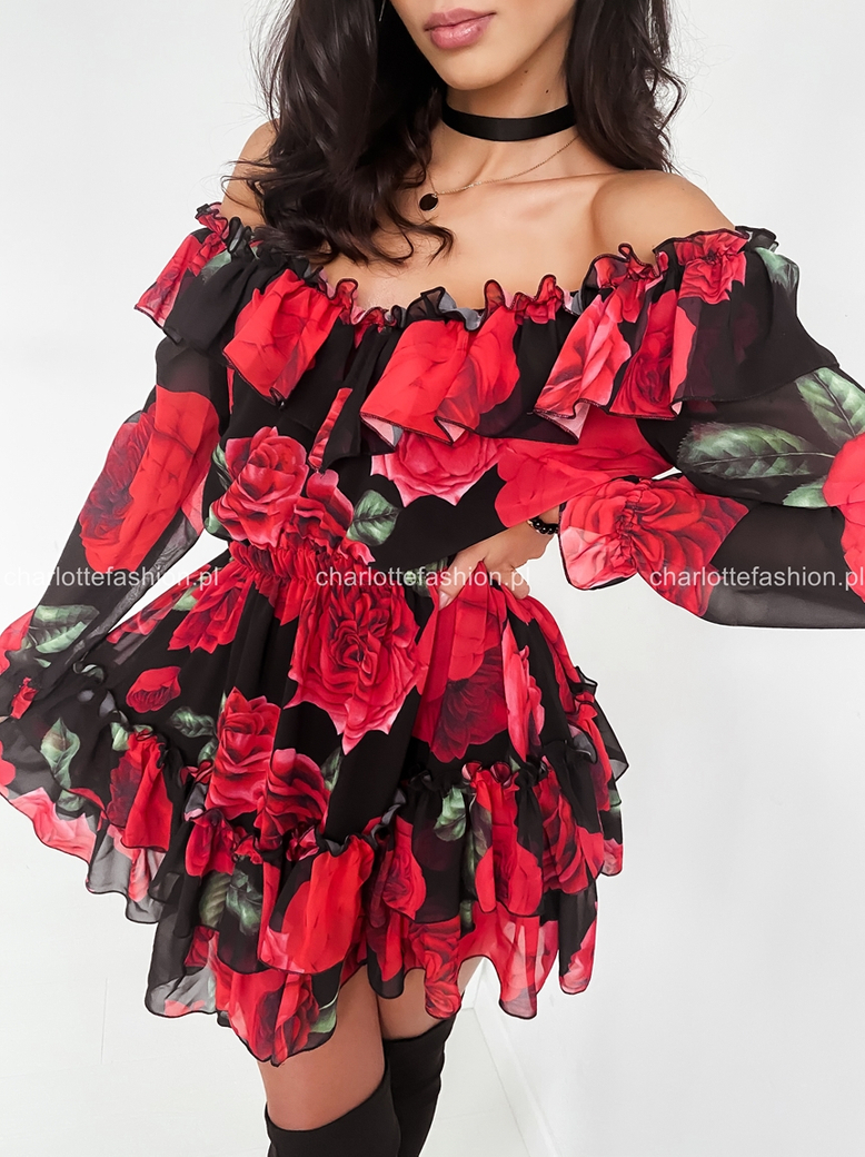 Sukienka hiszpanka czarna w czerwone róże Marita A1163
