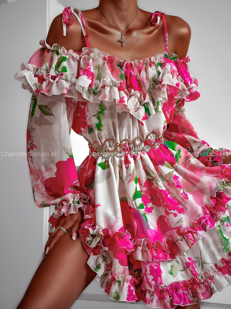 Sukienka hiszpanka kremowa w różowe kwiaty Elissa A1362