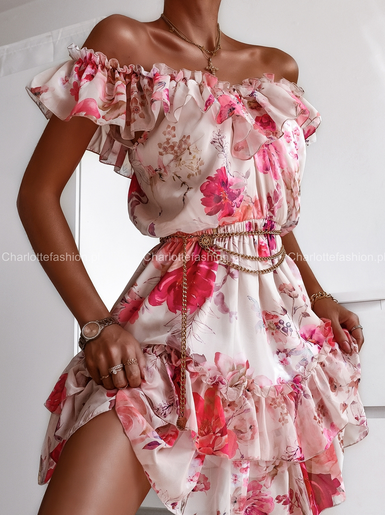 Sukienka hiszpanka pudrowa w kwiaty Ella A1019