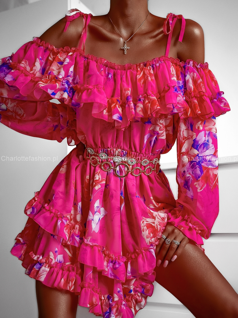 Sukienka hiszpanka różowa w kwiaty Elissa A1365