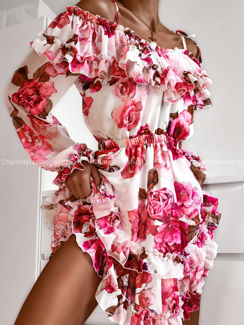 Sukienka hiszpanka w różowe kwiaty Elissa A446