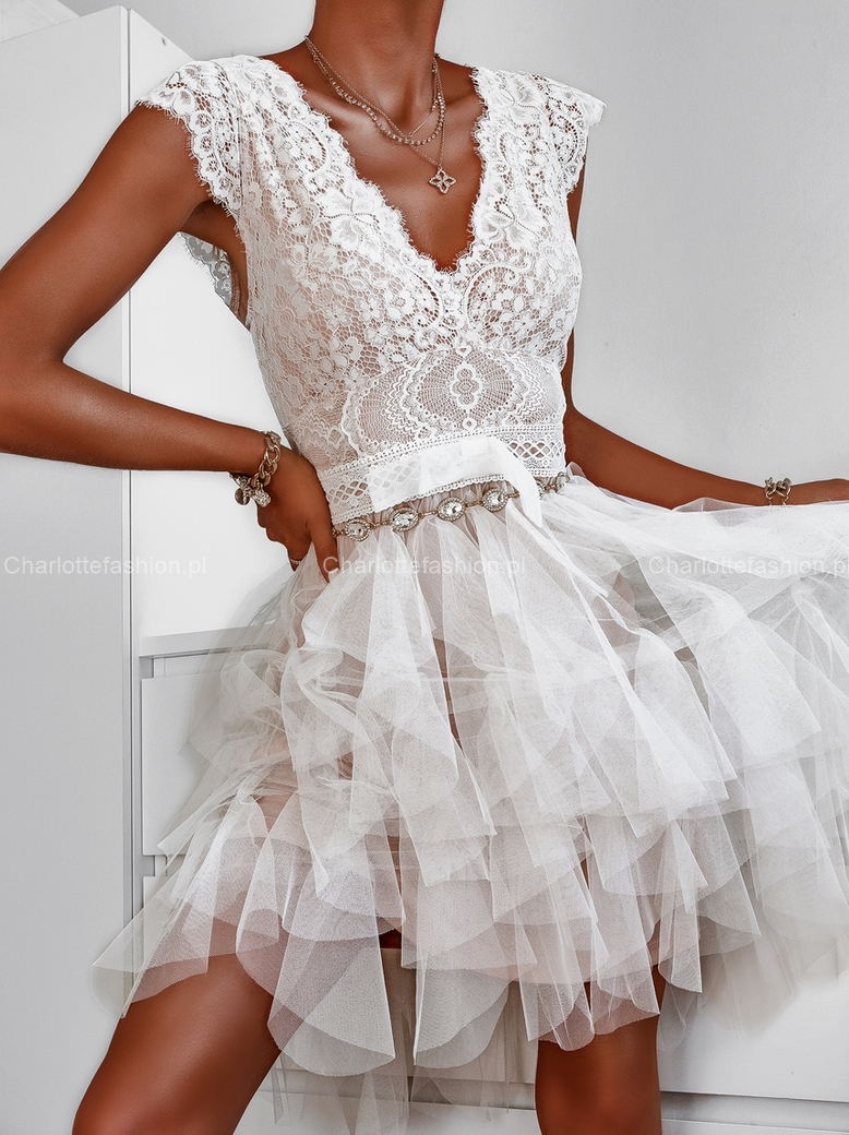 Sukienka koronkowa biała z tiulowym dołem Serafina A1342