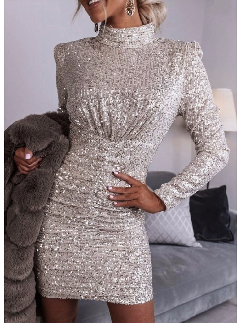 Sukienka mini cekinowa srebrna z długim rękawem A1554