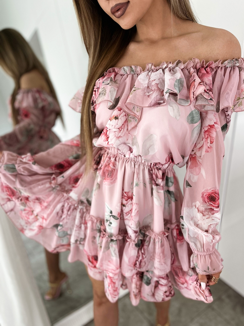 Sukienka szyfonowa hiszpanka pudrowa w róże Fleur A1600