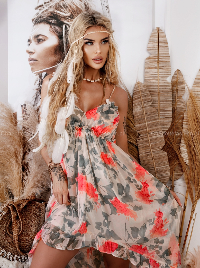 Sukienka szyfonowa kremowa w koralowe kwiaty i liście z trenem i ściągaczem na ramiączkach Beatriz A1450