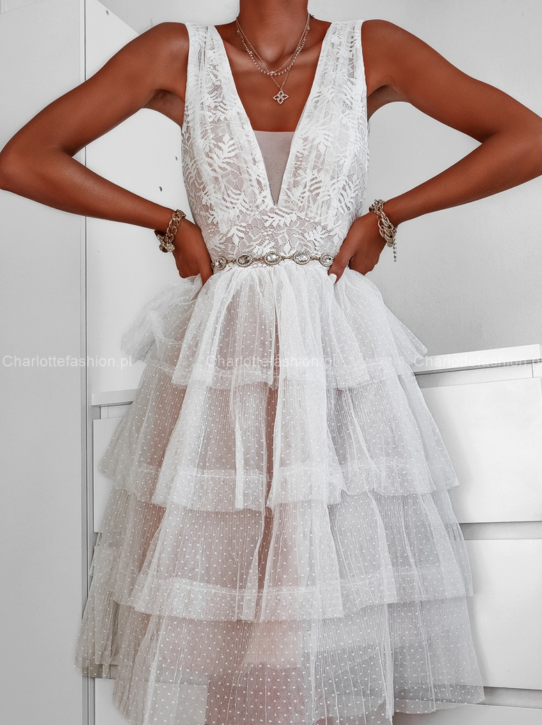 Sukienka tiulowa biała z falbanami Romantica A1346