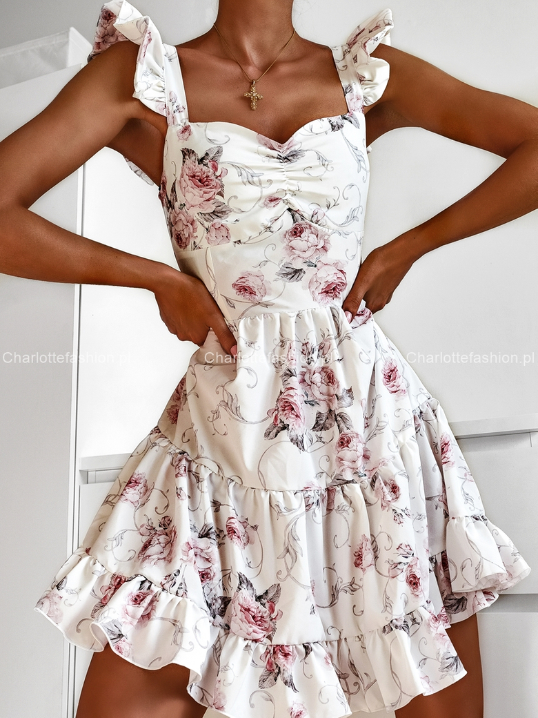 Sukienka w kwiaty pudrowo biała Lianne A1200